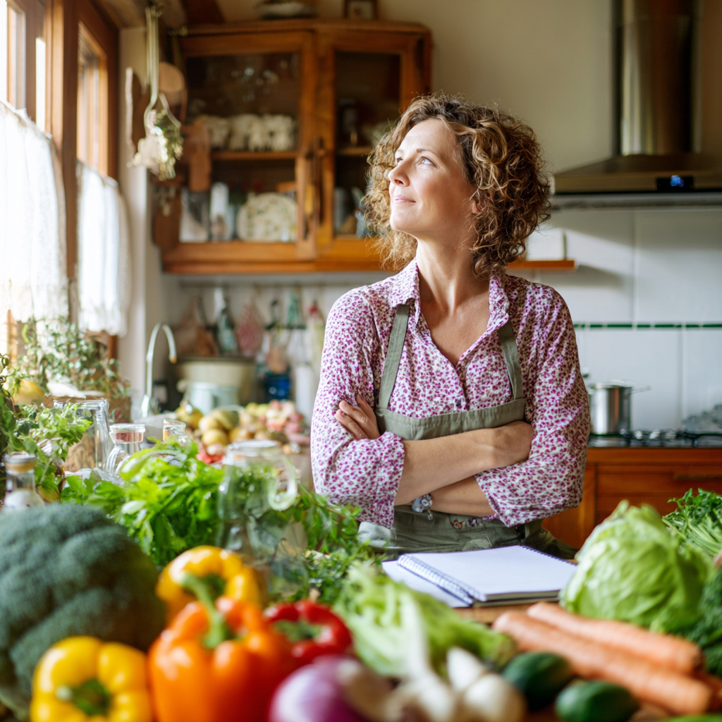 Middle-aged woman planning healthy meals with fresh vegetables and fruits on kitchen counter