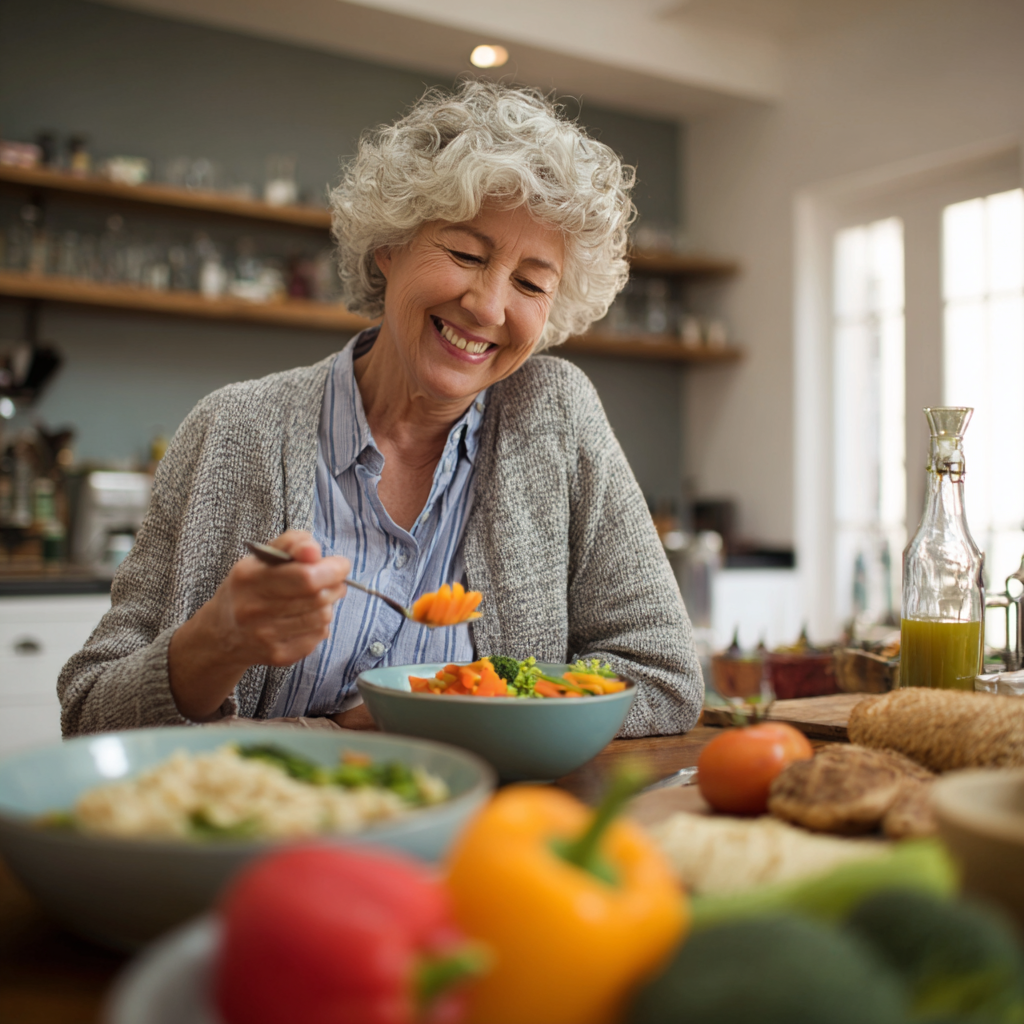 Senior woman enjoying nutritious meal with colorful vegetables and whole grains in bright kitchen